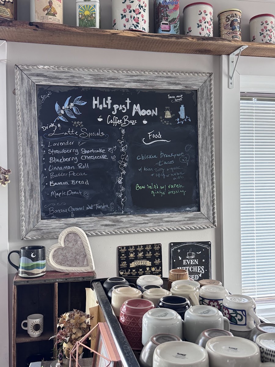 Half Past Moon Coffee Buzz menu board