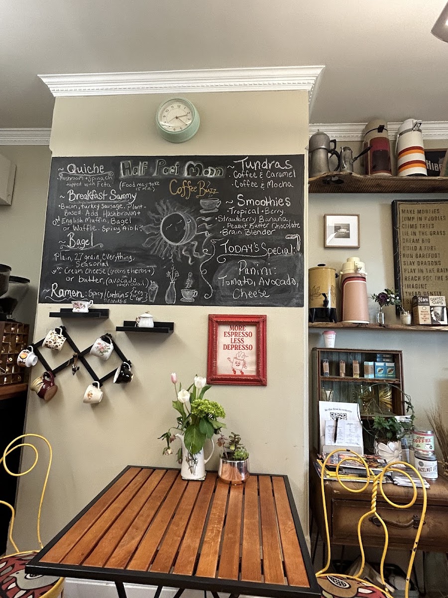 Half Past Moon Coffee Buzz menu board