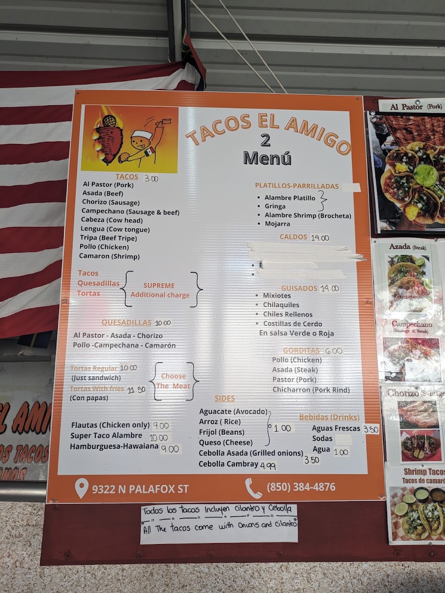 Tacos El Amigo menu board