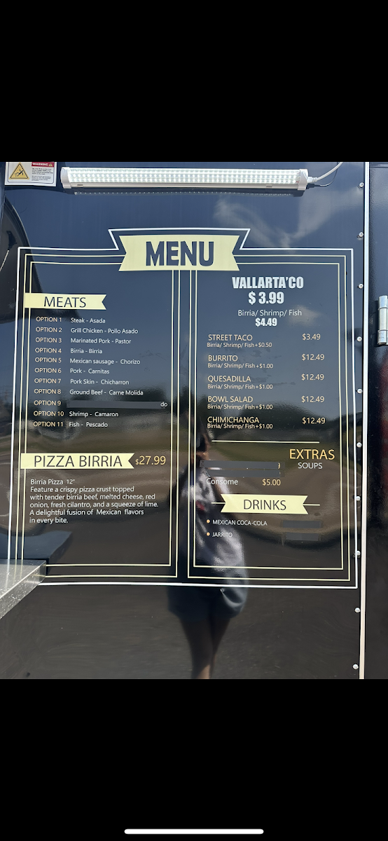Vallar Tacos menu board