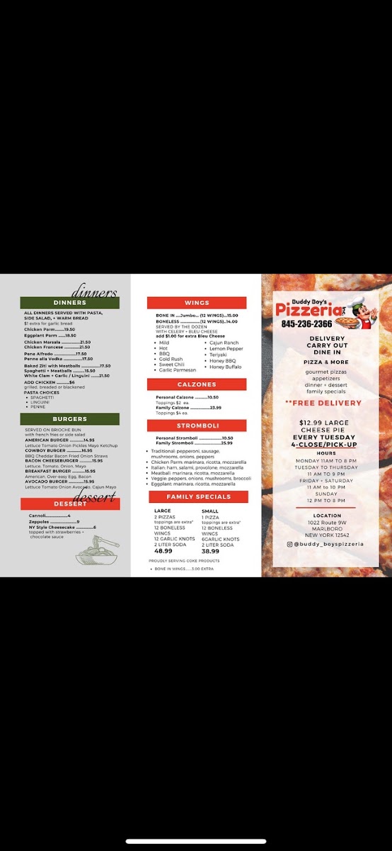 Buddy Boy's Pizzeria menu board