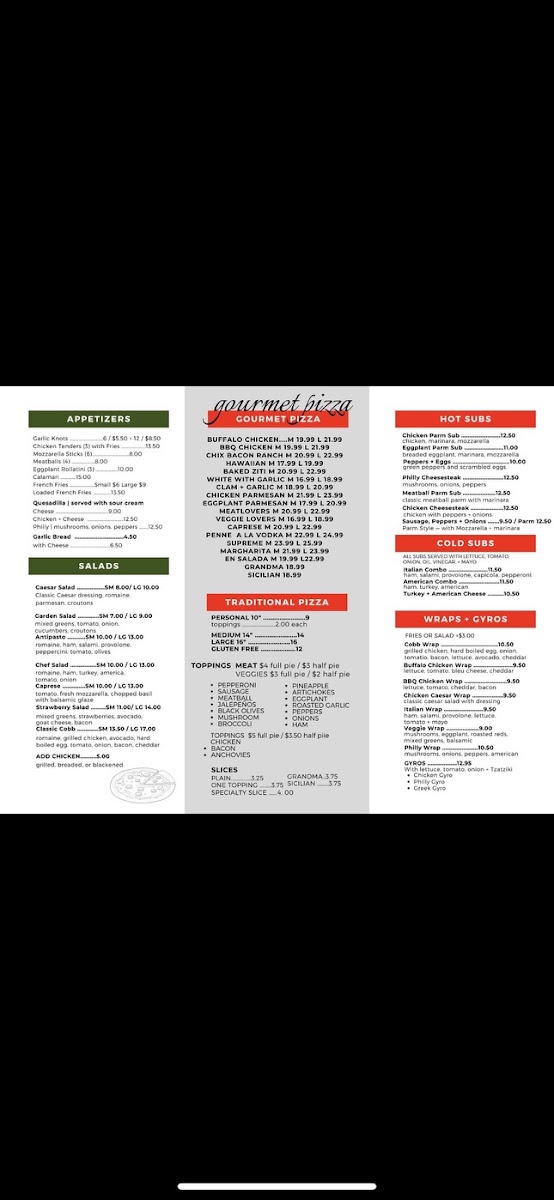 Buddy Boy's Pizzeria menu board