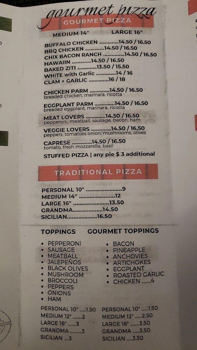Buddy Boy's Pizzeria menu board