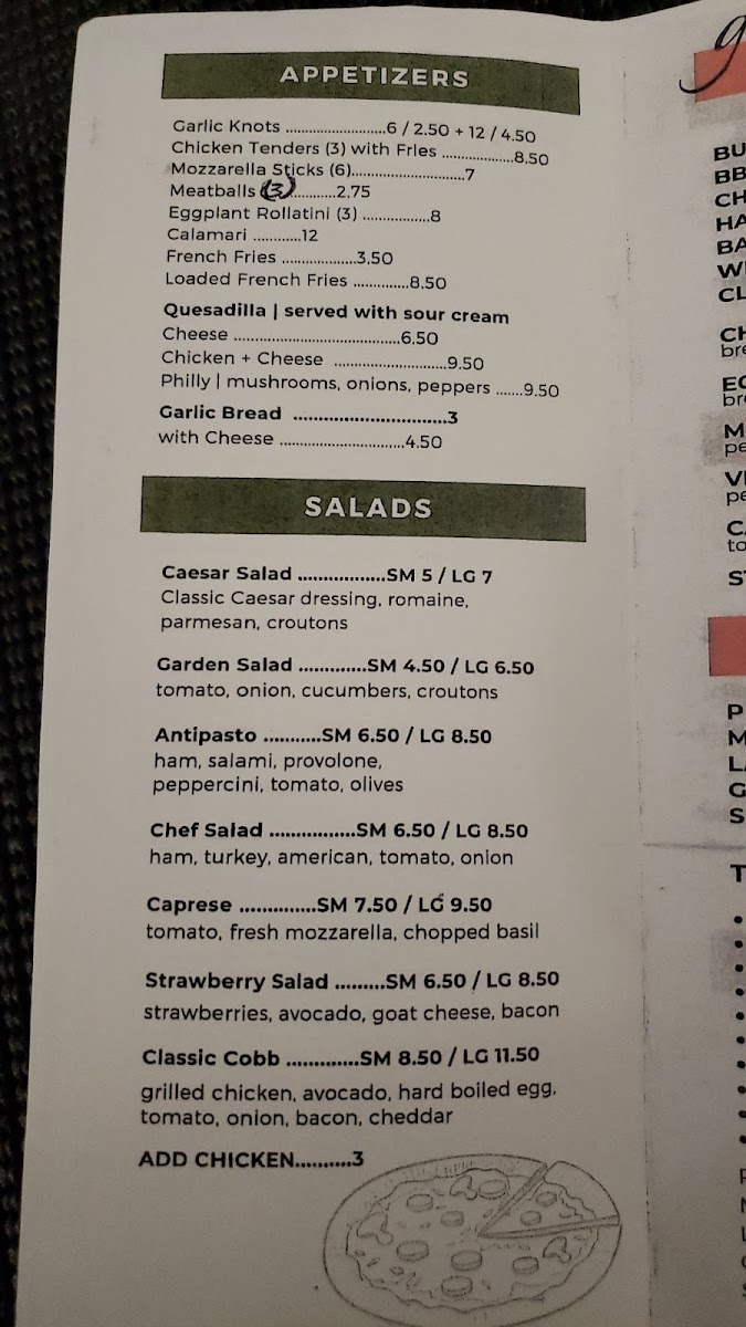Buddy Boy's Pizzeria menu board