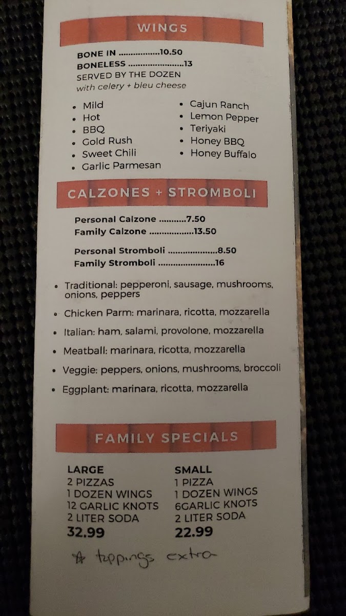 Buddy Boy's Pizzeria menu board