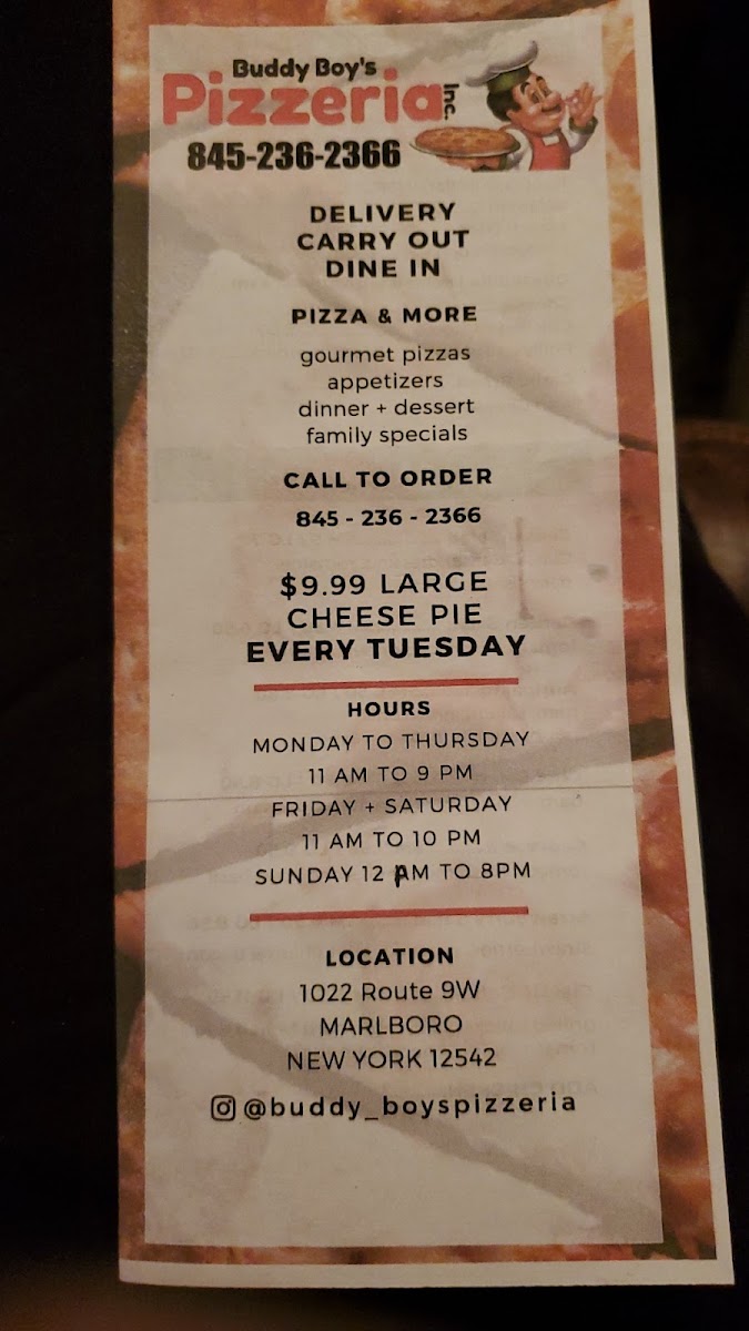 Buddy Boy's Pizzeria menu board