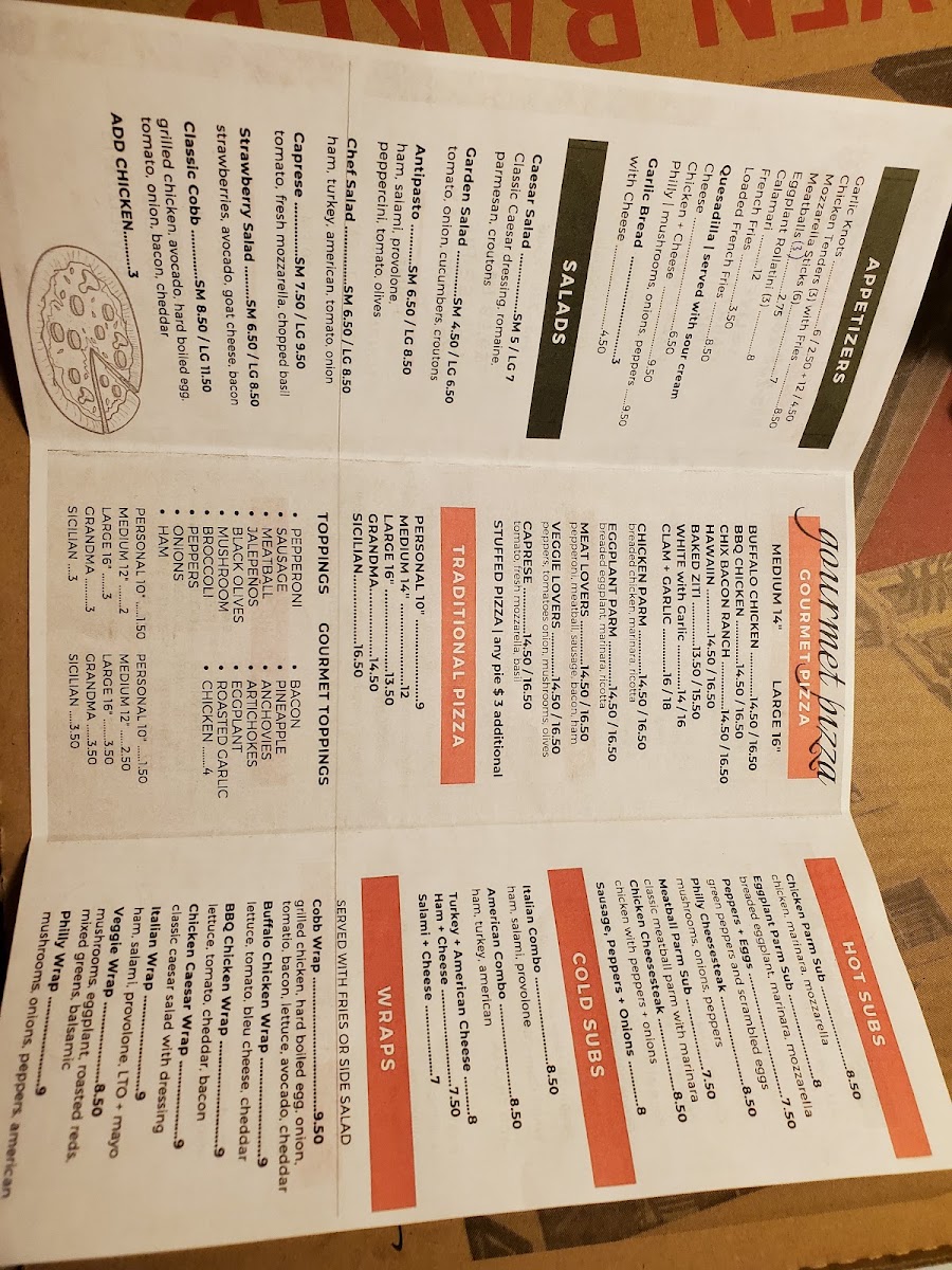 Buddy Boy's Pizzeria menu board