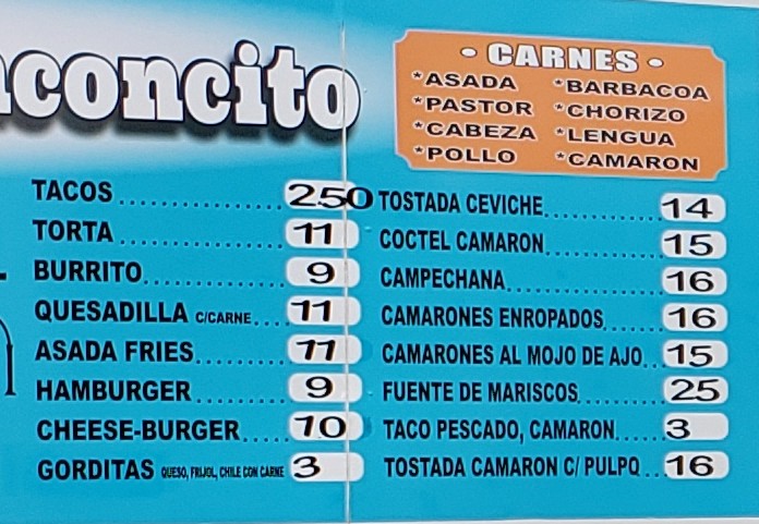 El Rinconcito Taco Truck menu board