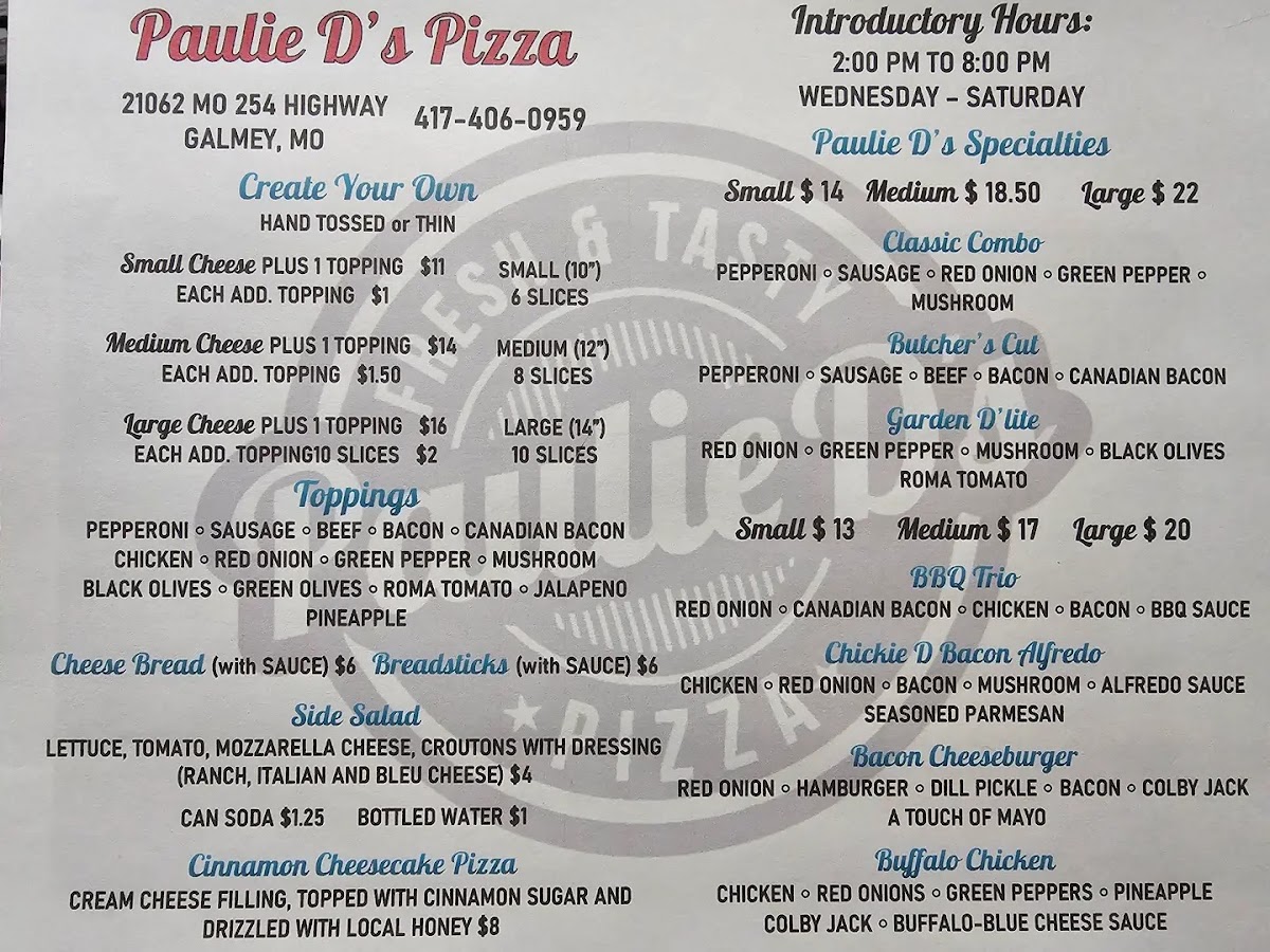 Paulie D's Pizza menu board