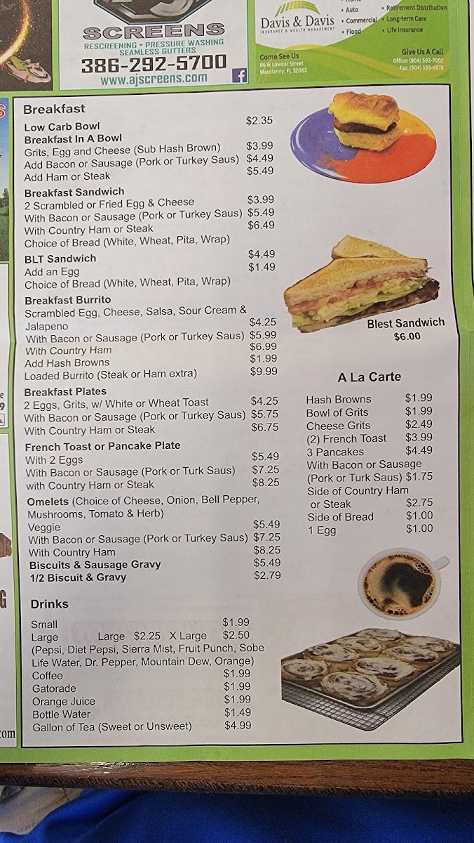 Simply Southern Eatery menu board