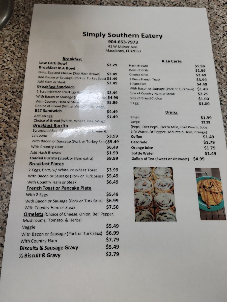 Simply Southern Eatery menu board