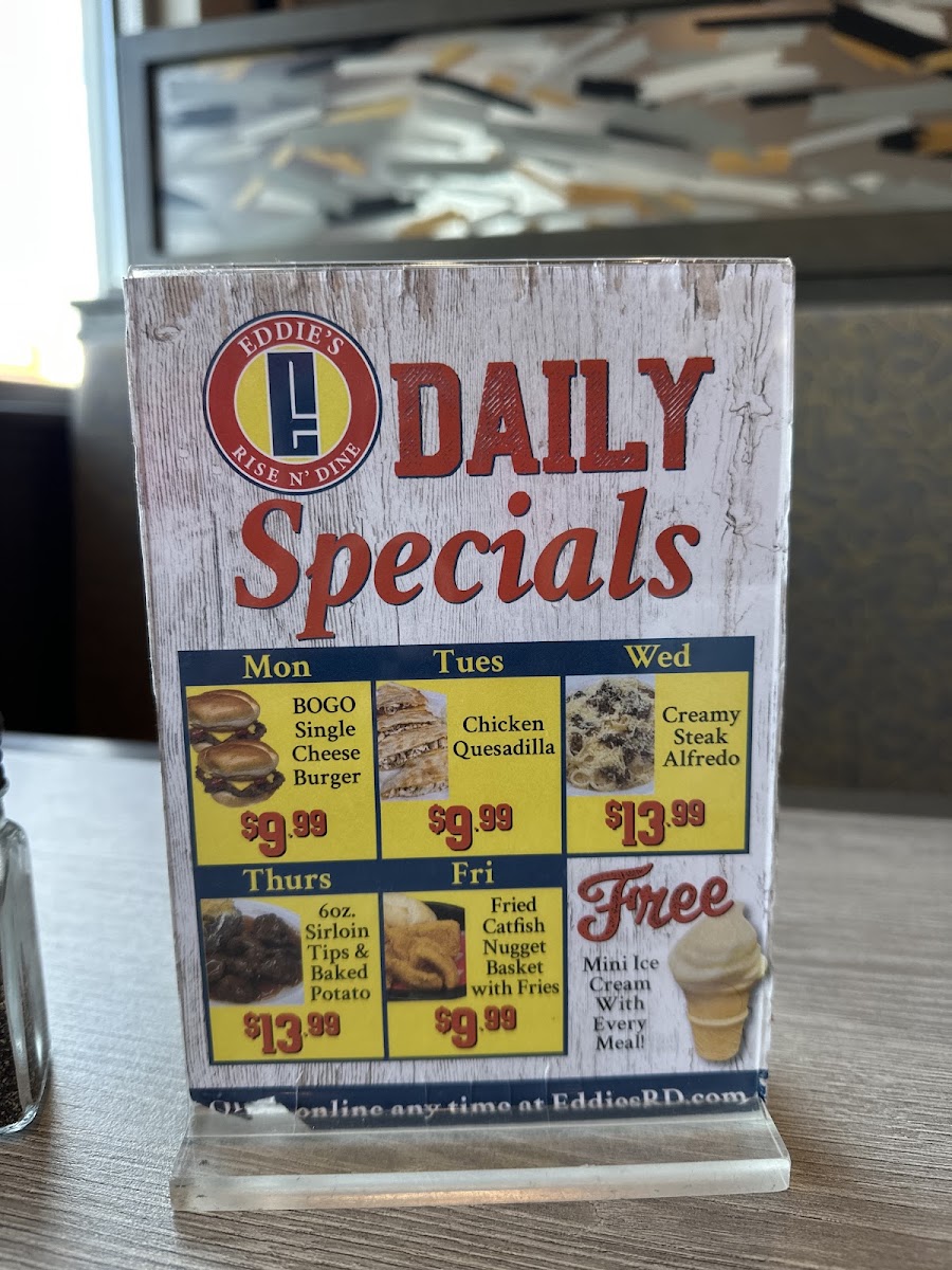 Eddie's Rise N' Dine menu board