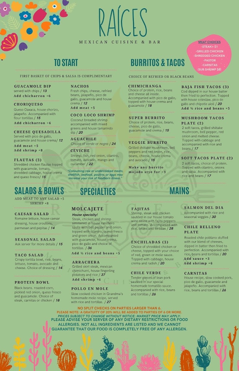 Raices Mexican Cuisine & Bar menu board