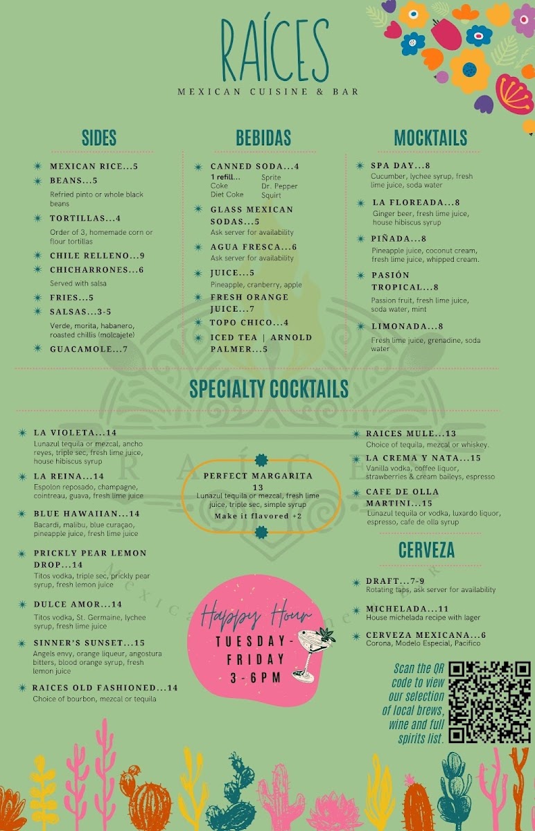 Raices Mexican Cuisine & Bar menu board