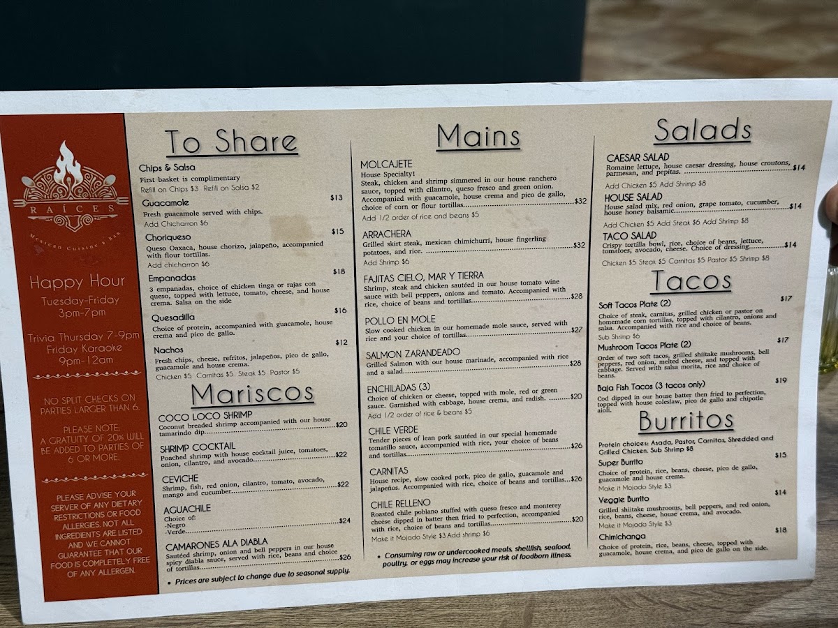 Raices Mexican Cuisine & Bar menu board