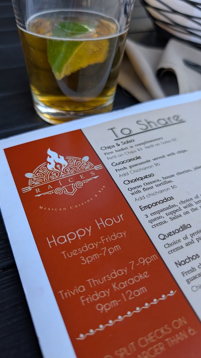 Raices Mexican Cuisine & Bar menu board