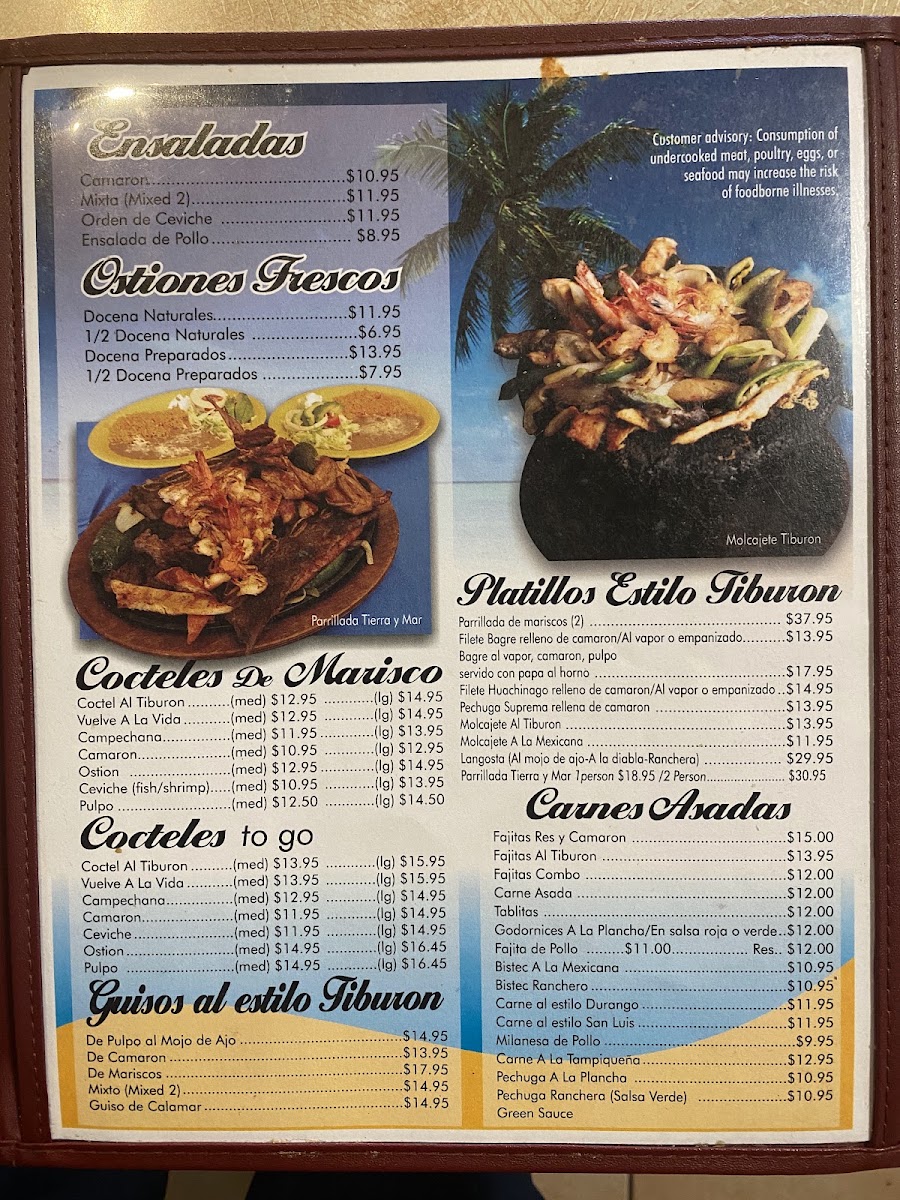 El Tiburón Seafood & Grill menu board