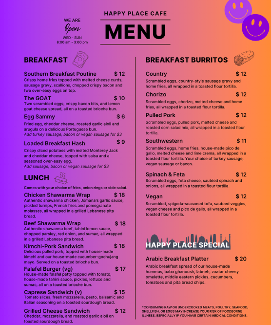 Happy Place Café menu board