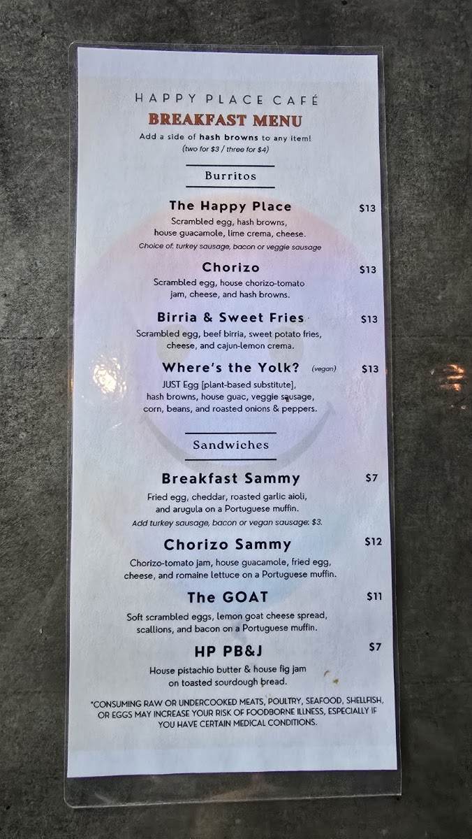 Happy Place Café menu board