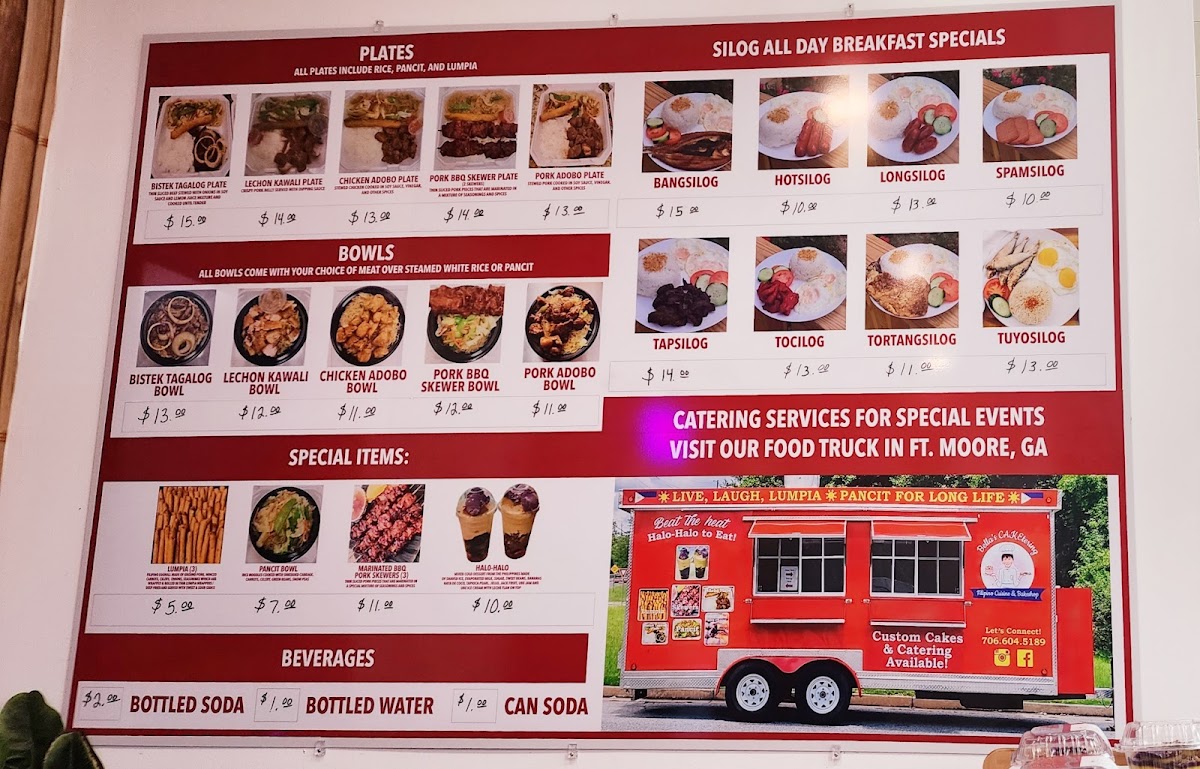 Bella's CAKEtering Filipino Cuisine and Bakeshop menu board