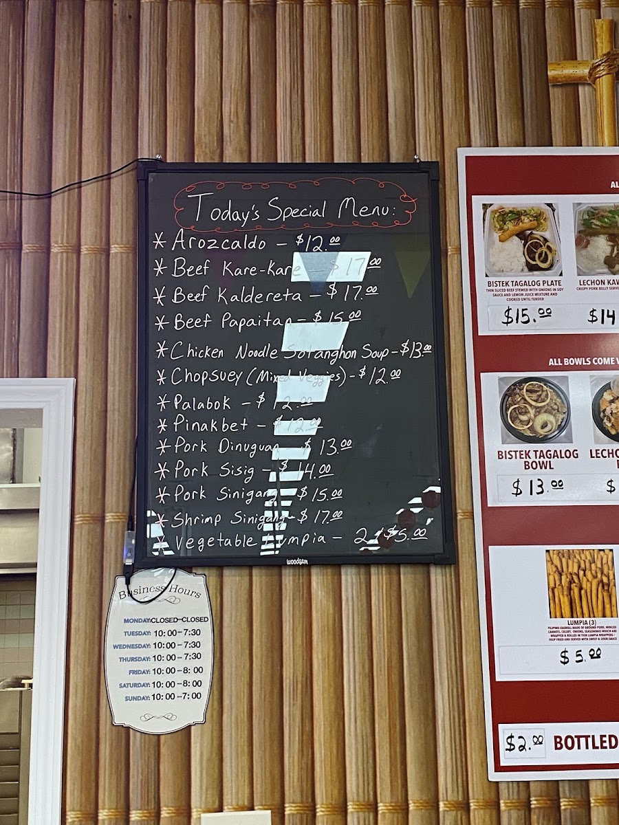 Bella's CAKEtering Filipino Cuisine and Bakeshop menu board