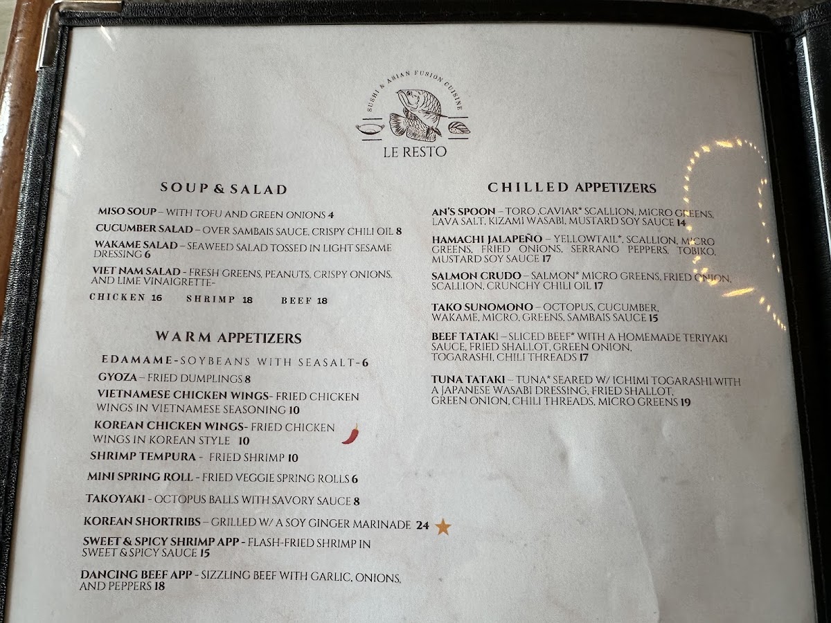 Le Resto: Sushi and Asian Fusion Cuisine menu board