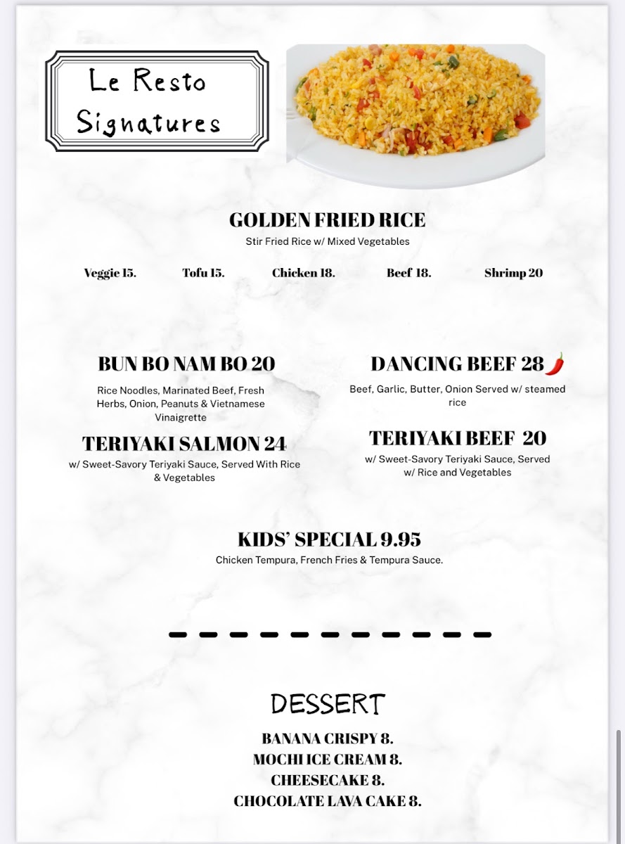 Le Resto: Sushi and Asian Fusion Cuisine menu board