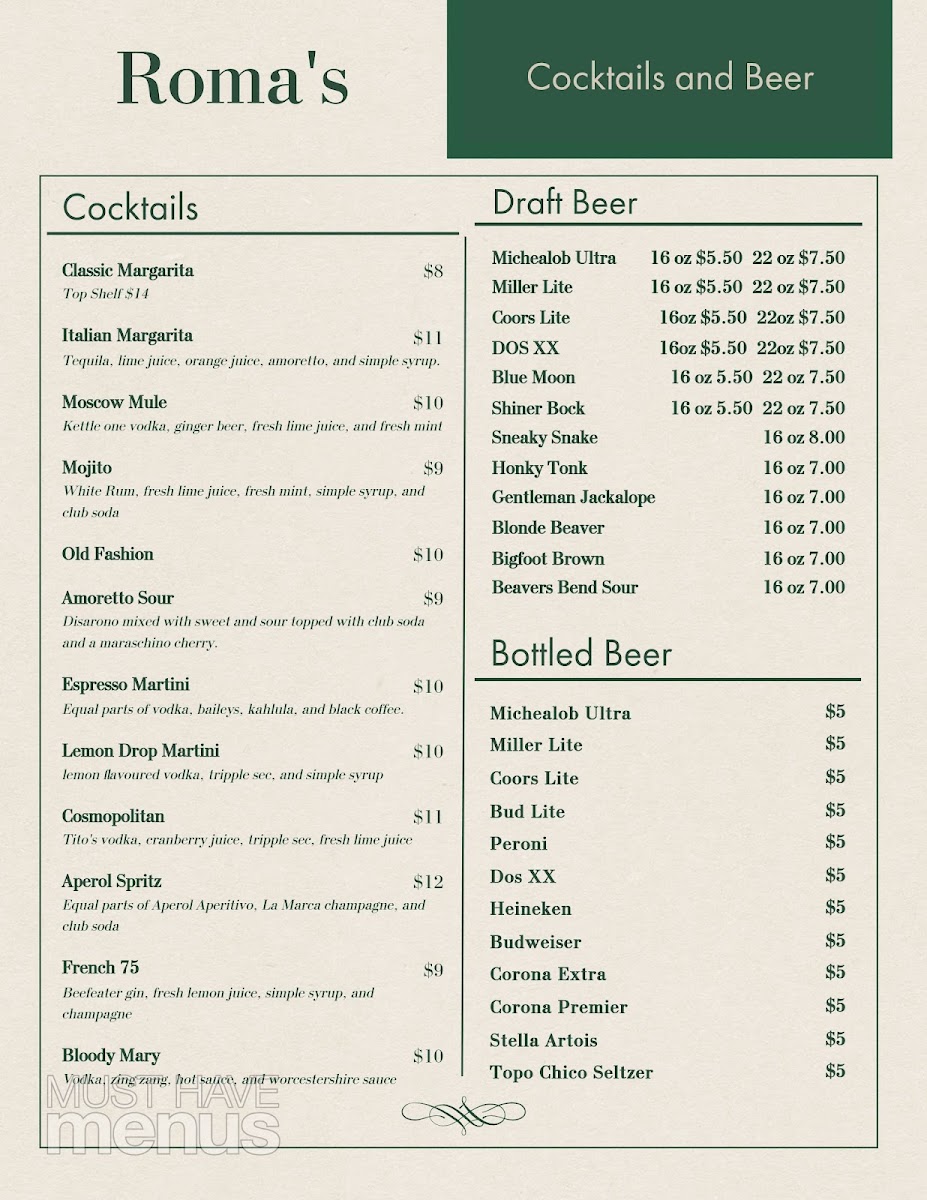 Roma Italian Restaurant & Bar menu board