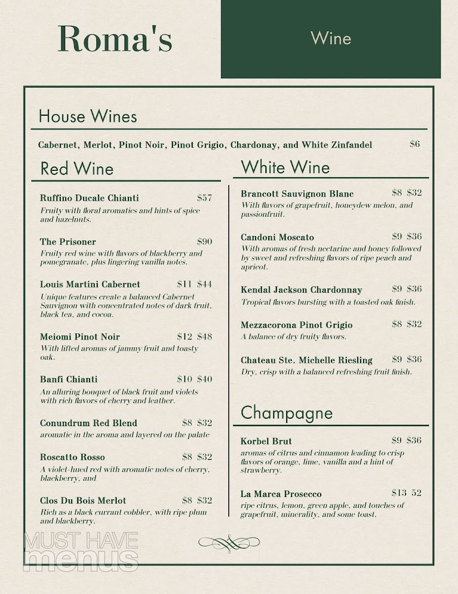 Roma Italian Restaurant & Bar menu board