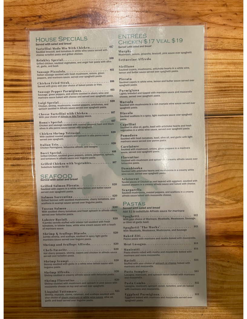 Roma Italian Restaurant & Bar menu board