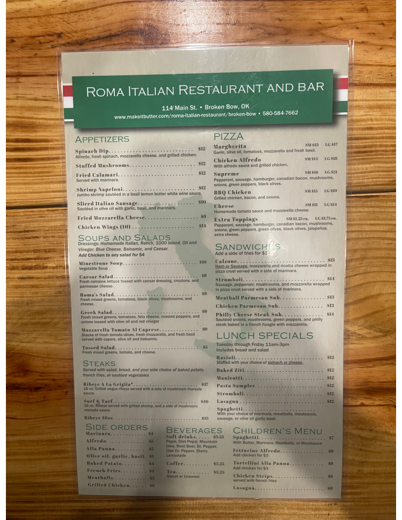 Roma Italian Restaurant & Bar menu board