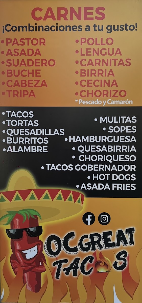 Oc Great Tacos menu board