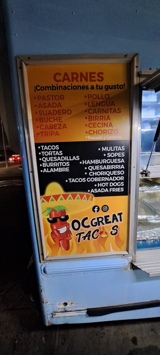 Oc Great Tacos menu board