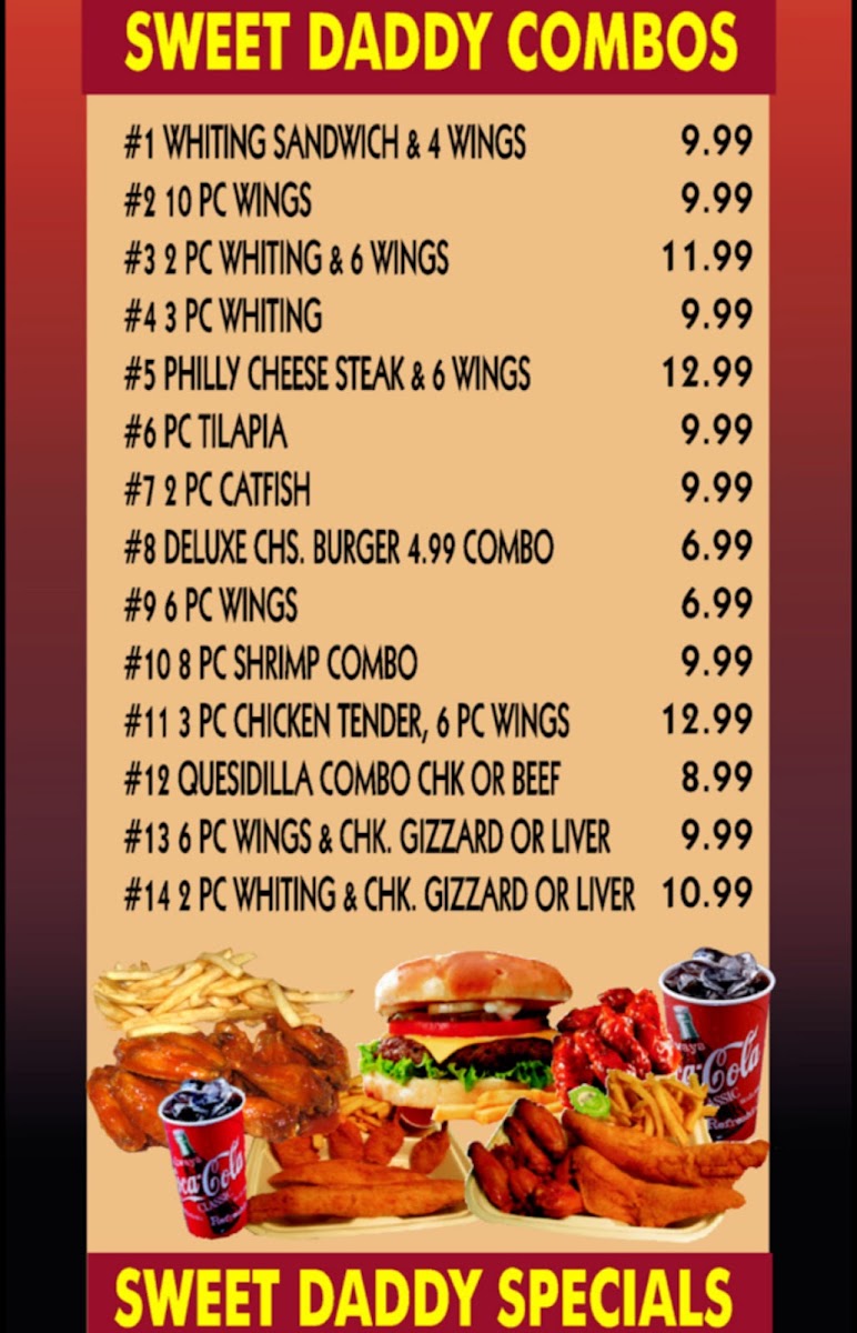 sweet daddy fish and chicken menu board