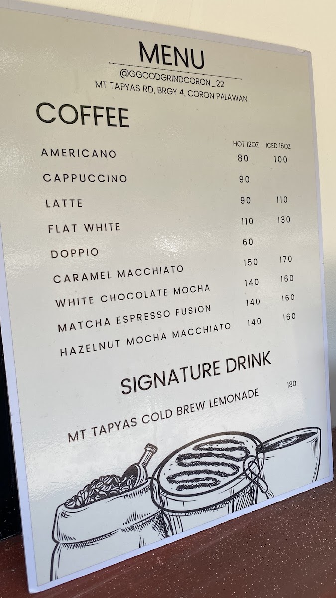 Good Grind Coffee Coron menu board