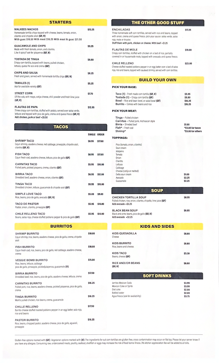 Maiz East Side menu board