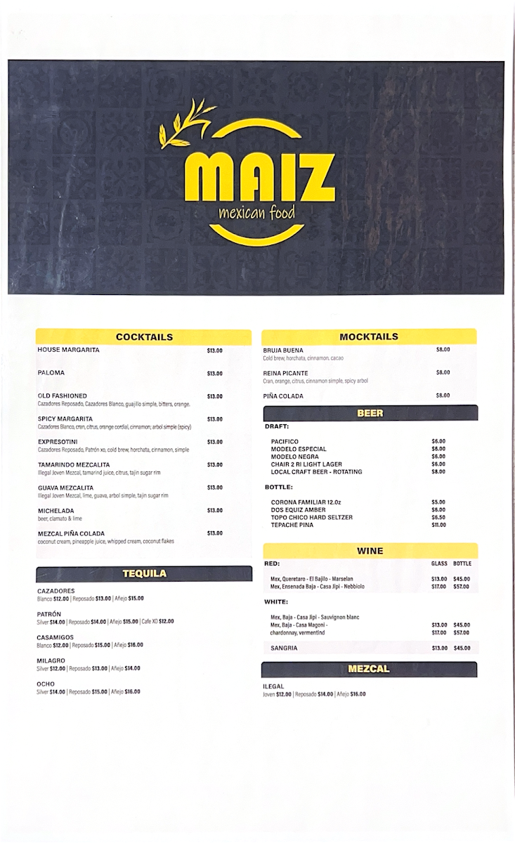 Maiz East Side menu board