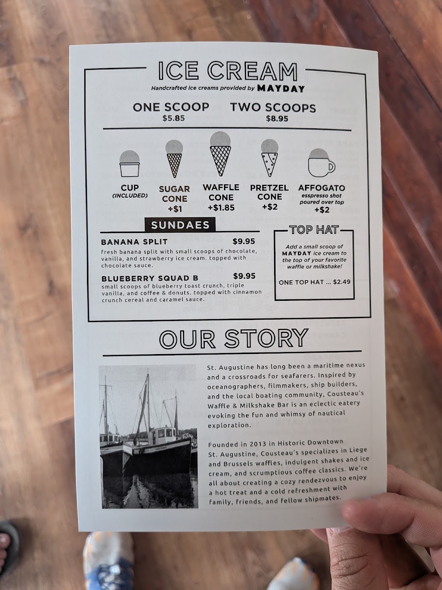 Cousteau's Waffle and Milkshake Bar A1A menu board