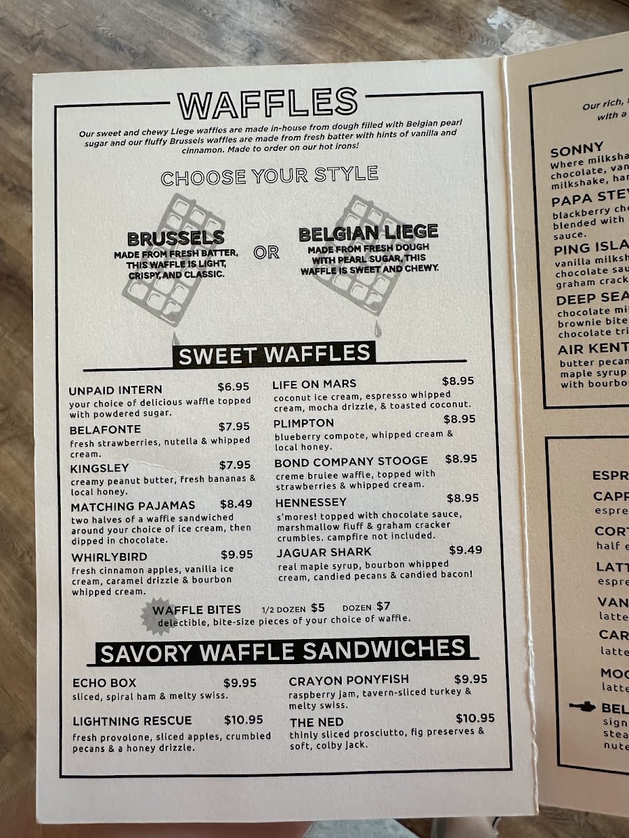 Cousteau's Waffle and Milkshake Bar A1A menu board
