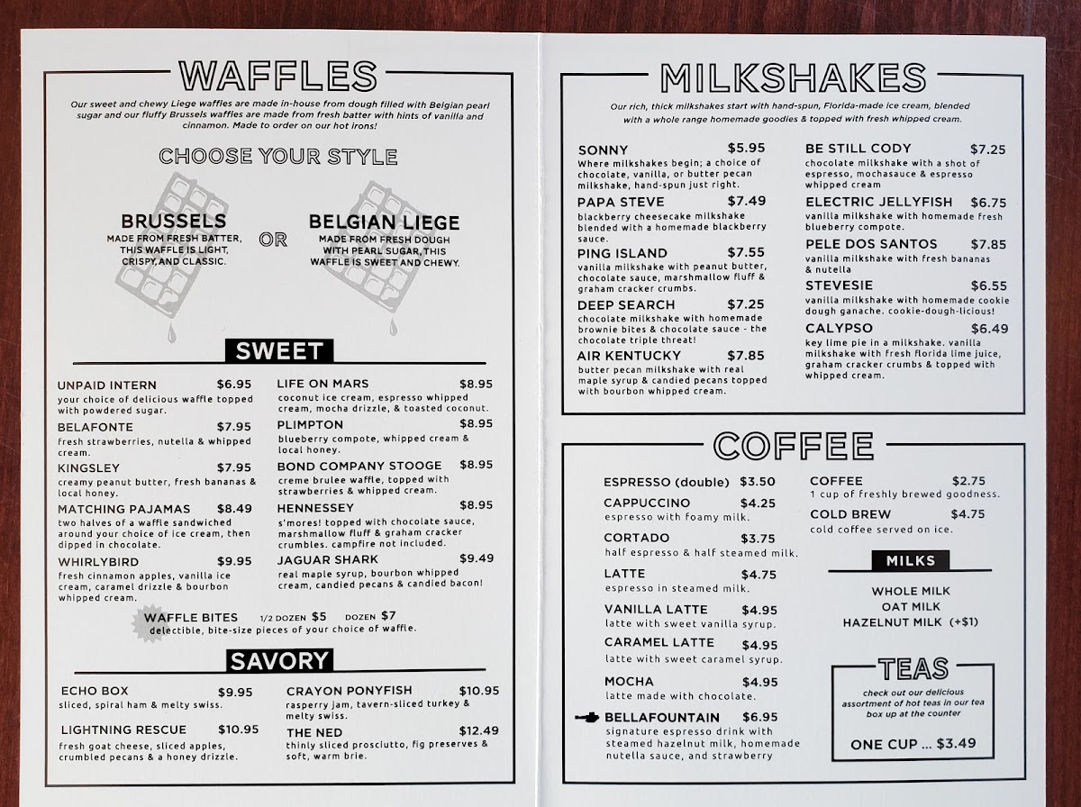 Cousteau's Waffle and Milkshake Bar A1A menu board
