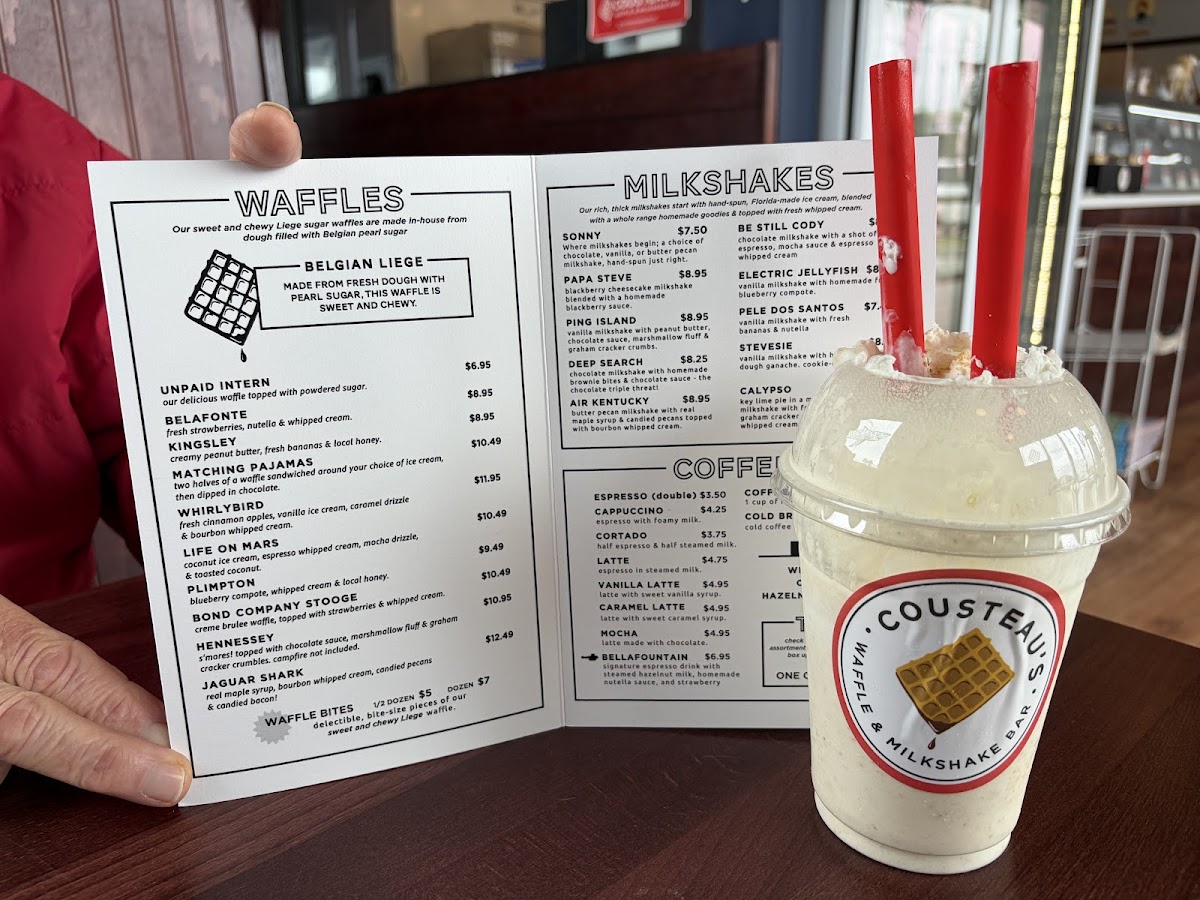 Cousteau's Waffle and Milkshake Bar A1A menu board