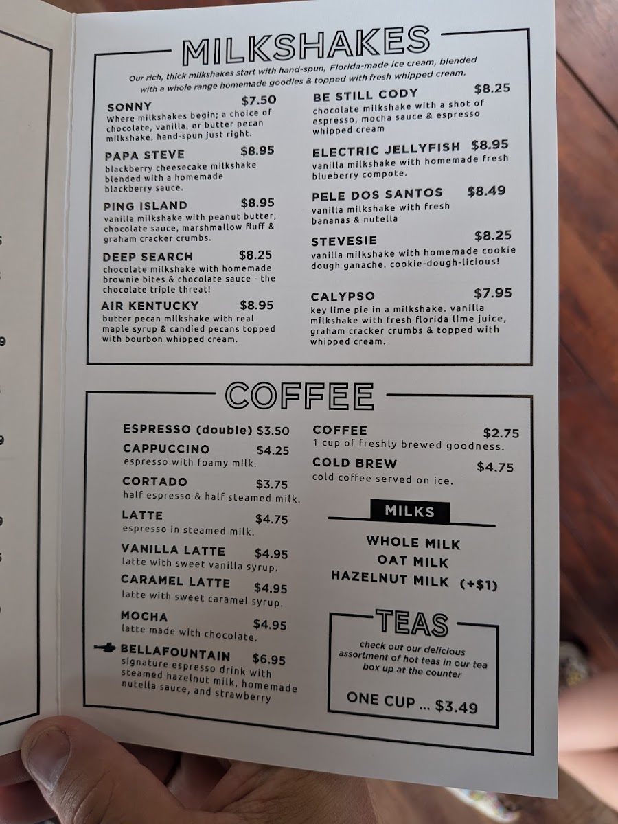 Cousteau's Waffle and Milkshake Bar A1A menu board