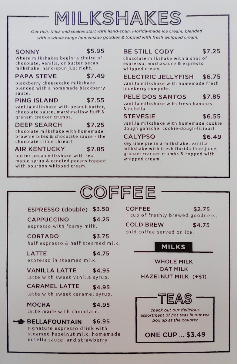 Cousteau's Waffle and Milkshake Bar A1A menu board
