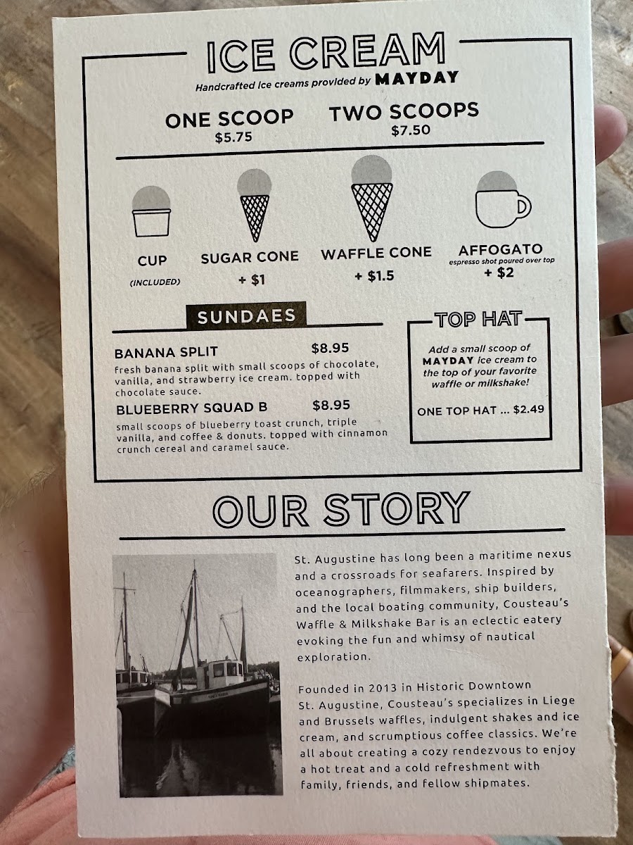 Cousteau's Waffle and Milkshake Bar A1A menu board