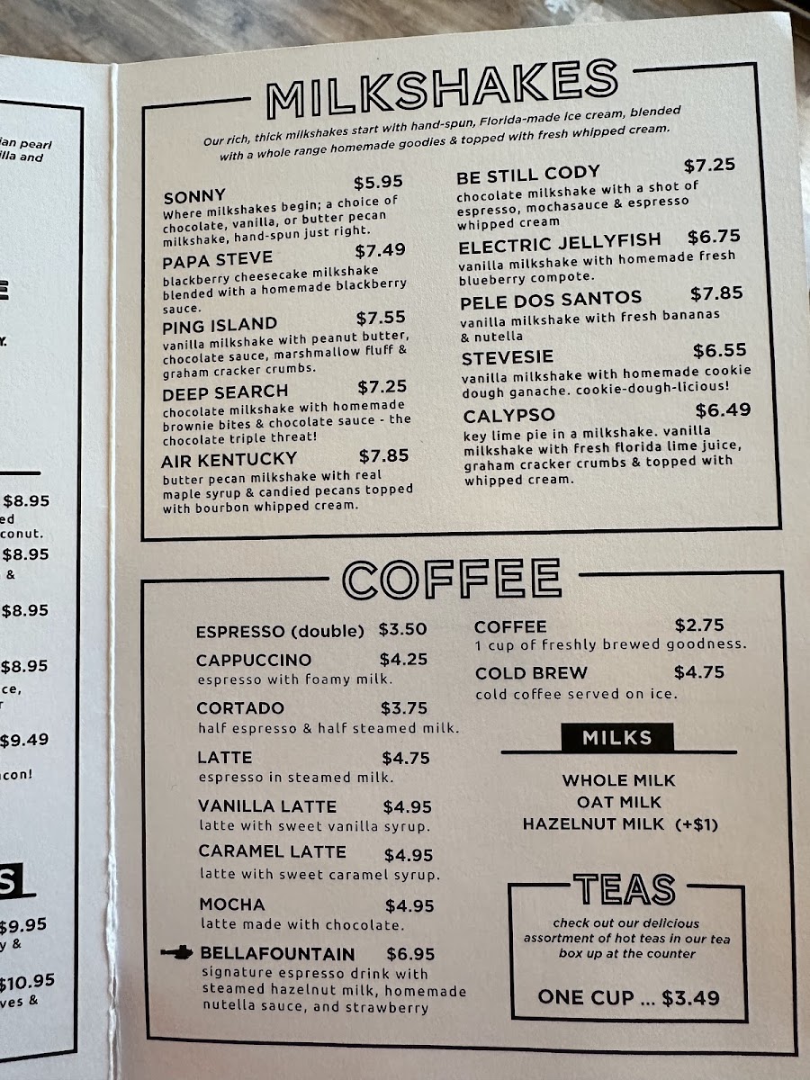 Cousteau's Waffle and Milkshake Bar A1A menu board