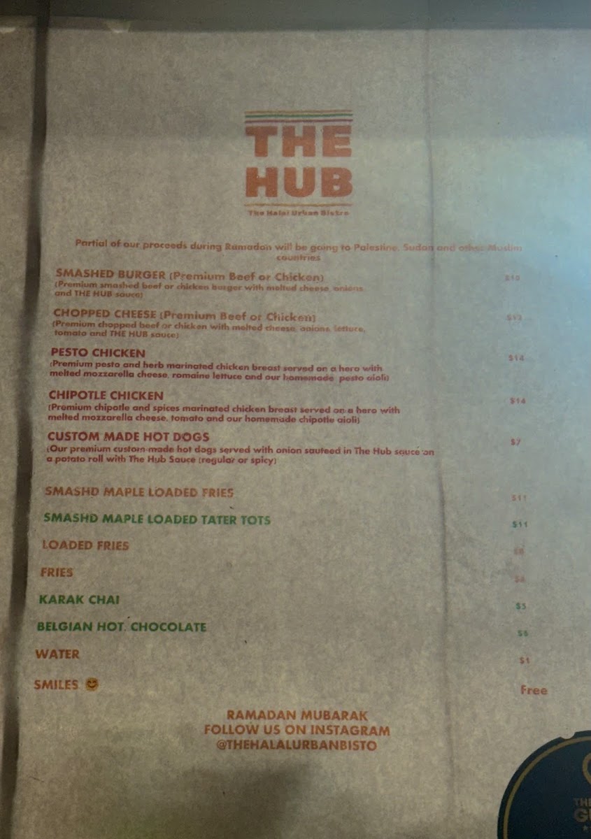 The Halal Urban Bistro aka THE HUB menu board