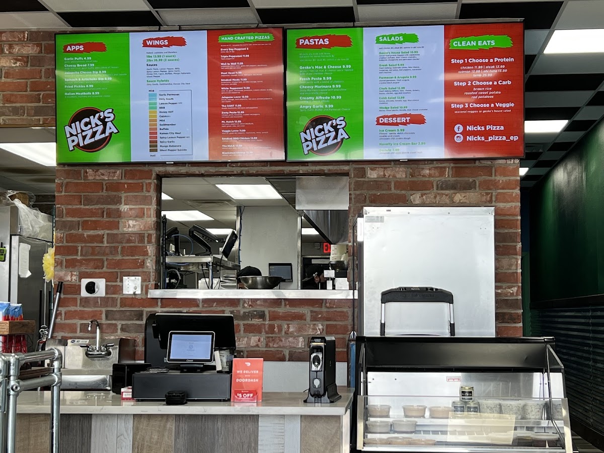 Nick's Pizza menu board