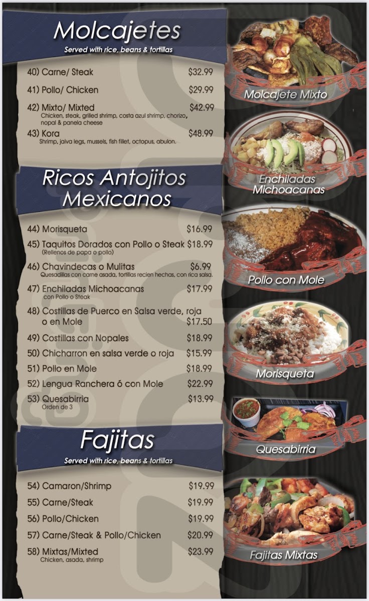 Mariscos Apatzingan Bar & Grill menu board