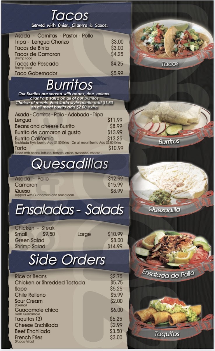 Mariscos Apatzingan Bar & Grill menu board
