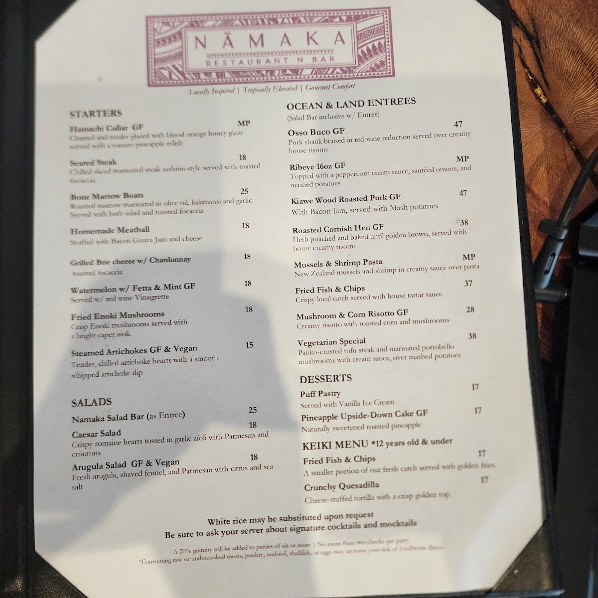 Nāmaka | Restaurant N Bar menu board